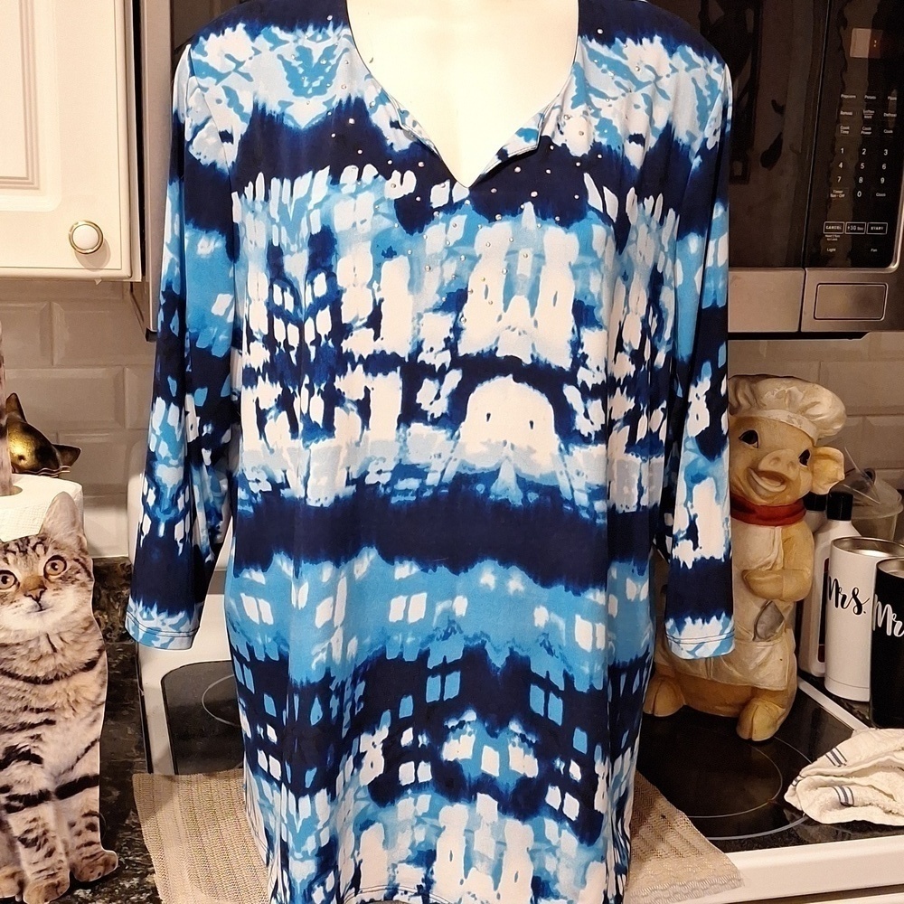 l womens Alia casual blue stretch 3/4 sleeve pullover plus size top 2X